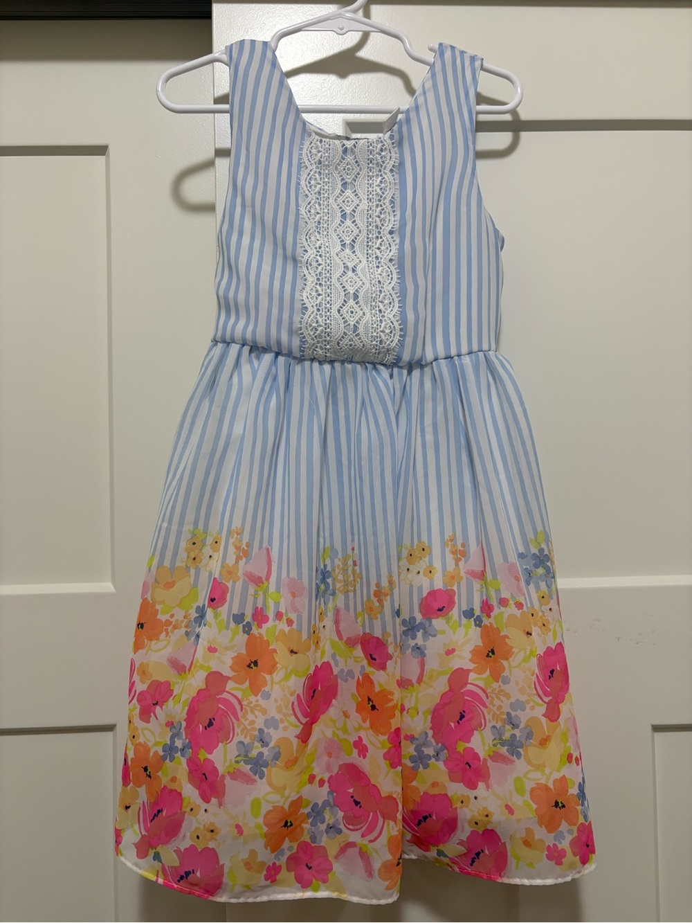 Youngland Girls' Blue Stripe Floral Trim Sundress
